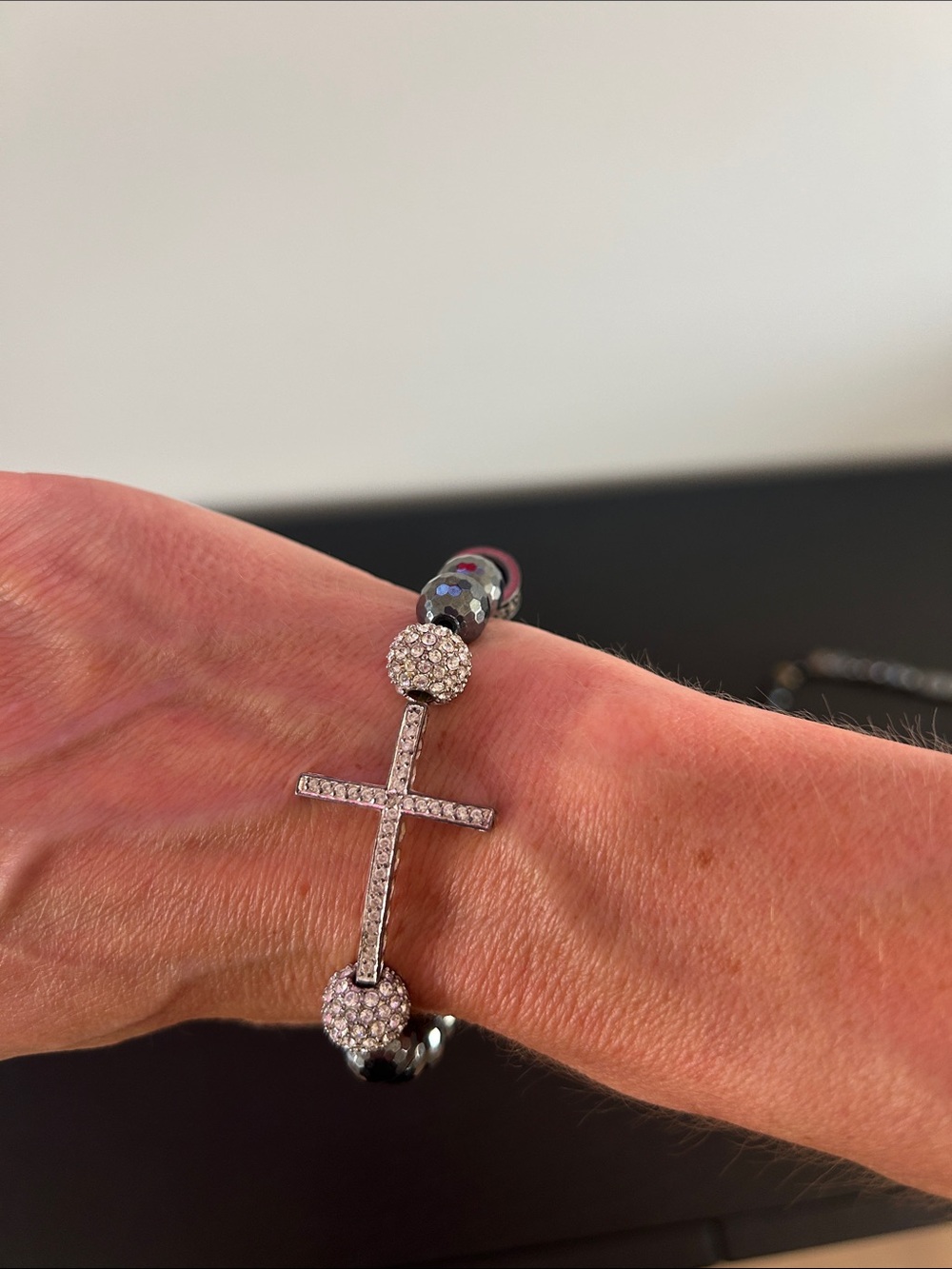 Pave Cross Hematite Bead Stretch Bracelet - Gray - Picture 2 of 2